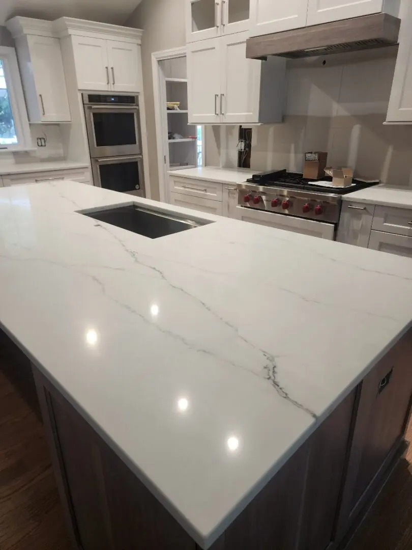 White quartz countertop with gray veins.