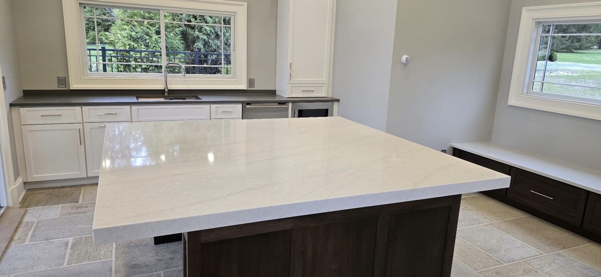 White quartz kitchen island countertop.